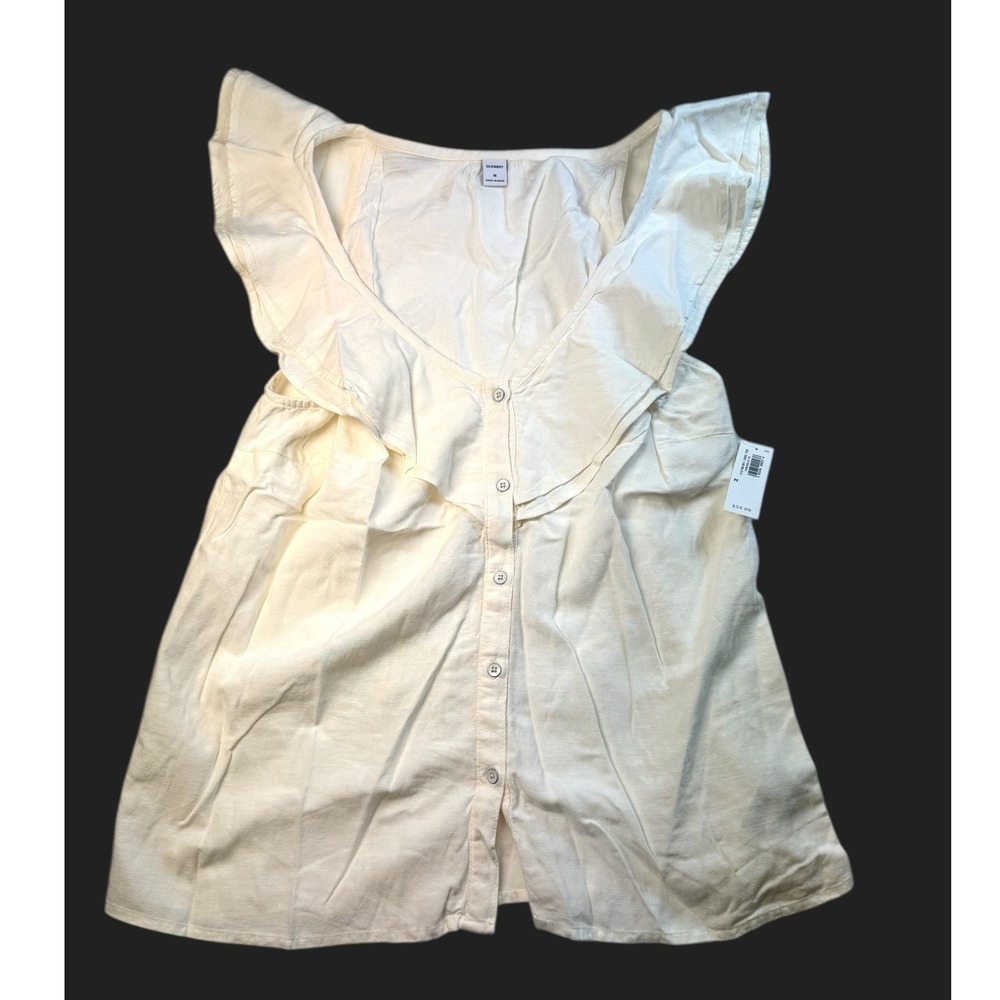 Old Navy Ruffle Sleeve Top Button Down Linen Blend Casual Blouse White M NWT - Picture 1 of 4